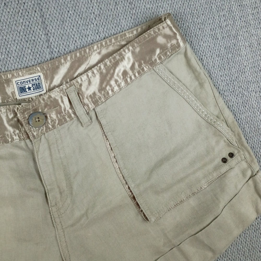 Converse One Star Shorts Women 12 Khaki Tan Good Satin Trim Linen Blend Casual - Picture 2 of 12